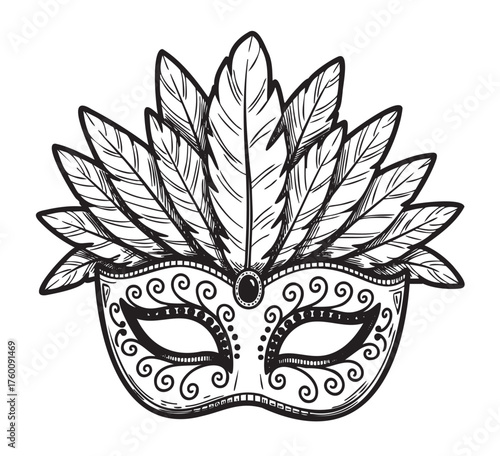 Intricately designed feathered masquerade mask featuring ornate patterns and decorative swirls, highlighting elegance and mystery.