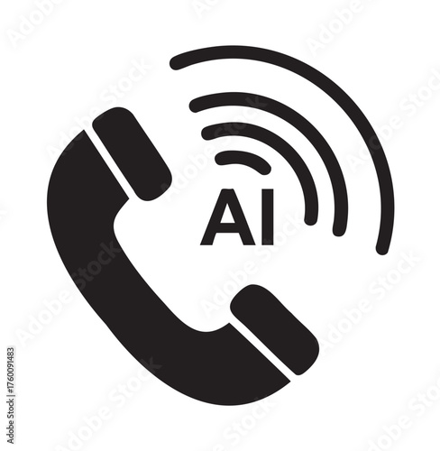 Black outline icon of a telephone handset with ai letters and signal waves, symbolizing artificial intelligence in telecommunication.