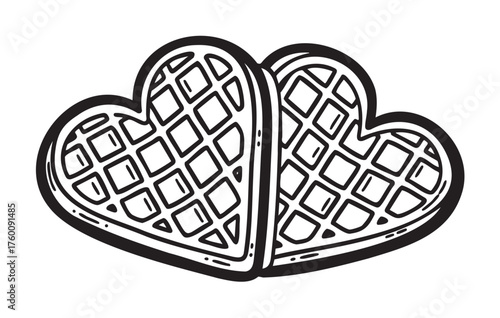 Black outline vector icon of two interlocking heart-shaped waffles with a grid pattern, symbolizing love and sweetness in culinary concepts.