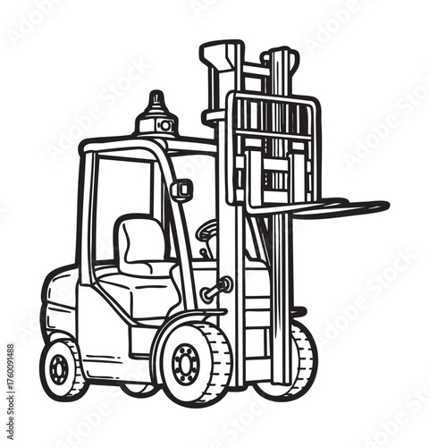 Black outline drawing of a forklift with intricate detailing of its wheels, cabin, and lifting mechanism designed for industrial use.