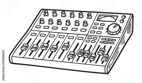 Black and white outline of a professional audio mixing console with multiple sliders, knobs, and buttons for sound control.
