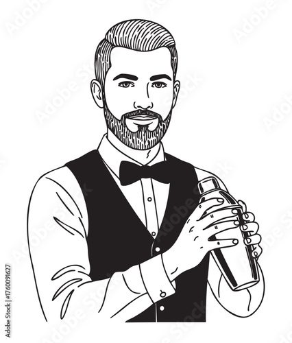 Black outline of a young caucasian male bartender wearing a bow tie and vest, skillfully shaking a cocktail shaker.
