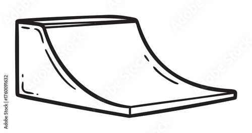 Black outline vector icon of a simple skate ramp with a curved surface, ideal for illustrating skateboarding themes and activities.