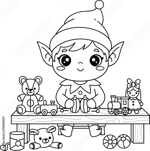 Adorable kawaii christmas elf surrounded by festive toys and gifts ready for the holidays