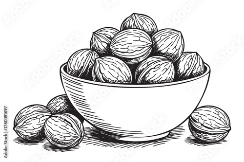 Black and white sketch of a bowl filled with whole walnuts, with a few additional walnuts scattered outside the bowl.