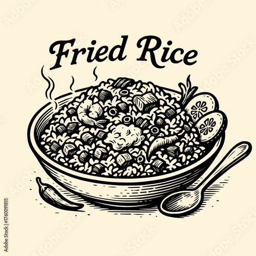 A vintage black and white illustration of a steaming bowl of Asian fried rice with a spoon.