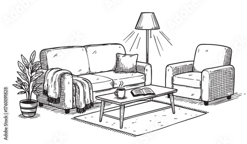 Black and white sketch of a cozy living room with a sofa, armchair, floor lamp, coffee table, plant, and a warm blanket draped over the couch.