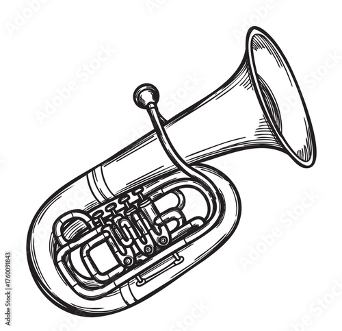 Black outline drawing of a tuba instrument with detailed depiction of tubing and valves, showcasing a focus on musical instrument design.