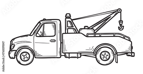 Black and white sketch of a classic tow truck with an extended boom and visible hook, showing detailed line work and shading in a side profile view.