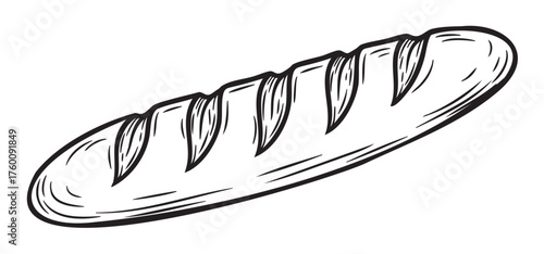 Black and white line drawing of a long, crusty baguette with characteristic diagonal slashes on the top surface.