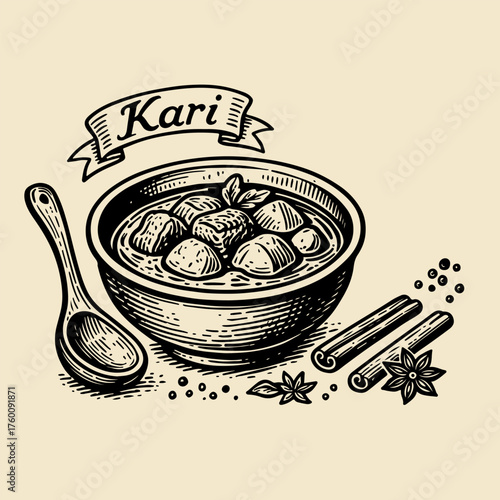 A vintage, hand-drawn illustration of a bowl of Kari curry, garnished and surrounded by aromatic spices like cinnamon and star anise.