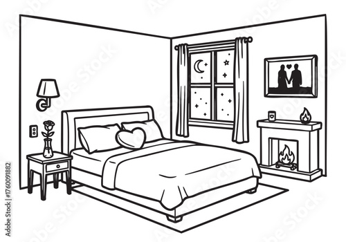 Black and white line drawing of a cozy bedroom with a neatly made bed, a nightstand with a lamp, and a fireplace with a framed picture above.
