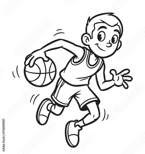 Black and white cartoon illustration of a boy playing basketball, dribbling the ball energetically while wearing a tank top and shorts.