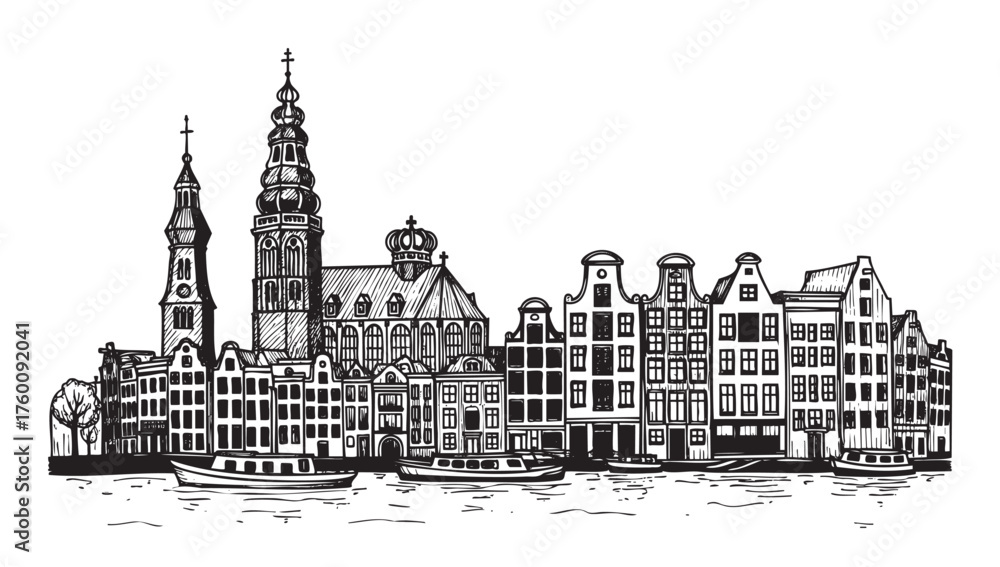 Fototapeta premium Intricate black and white sketch of historic european buildings and church with boats along the waterfront, showcasing architectural details and urban scenery.