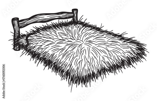 Black outline sketch of a rustic wooden bed frame with a plush straw-filled mattress, highlighting traditional bedding design.