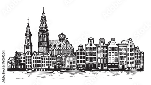 Intricate black and white sketch of historic european buildings and church with boats along the waterfront, showcasing architectural details and urban scenery.