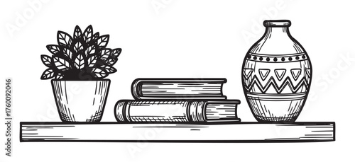 Black and white hand-drawn illustration of a potted plant, two stacked books, and a patterned ceramic vase on a wooden shelf.