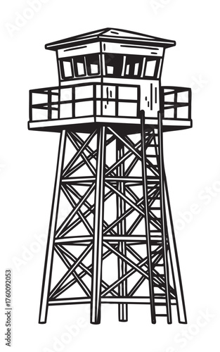 Black outline drawing of a traditional wooden watchtower with a detailed support structure and windows at the top for lookout purposes.