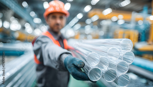 worker inspecting rigid plastic pipes in a factory setting clear focus on the pipe held with the bustling environment softly out of focus highlighting quality