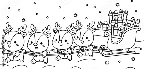 Adorable kawaii reindeer pulling santa s sleigh laden with gifts through falling snow
