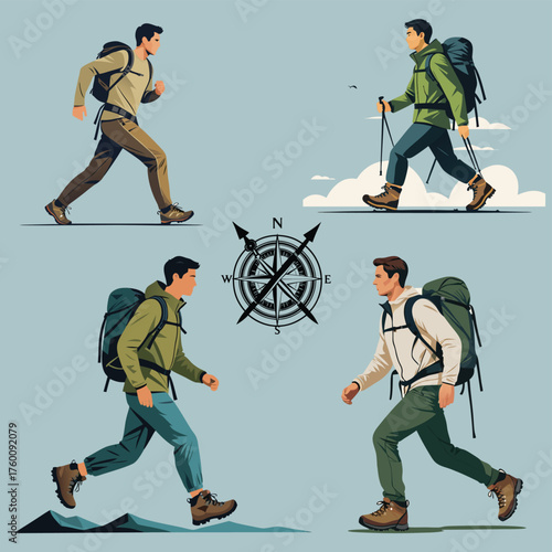 A set of vector illustrations showing a male hiker on a walking and trekking adventure with a backpack
