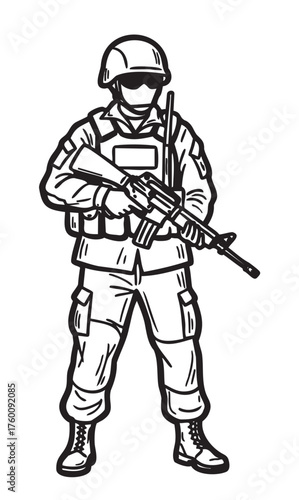 Black outline of a male soldier in full tactical gear holding a rifle, wearing a helmet and protective vest, prepared for military action.