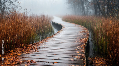 Foggy wooden boardwalk through autumn marsh