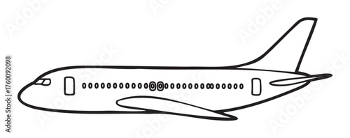Black outline of a simple passenger airplane viewed from the side, showcasing the wings, windows, and tailfin in a minimalist style.