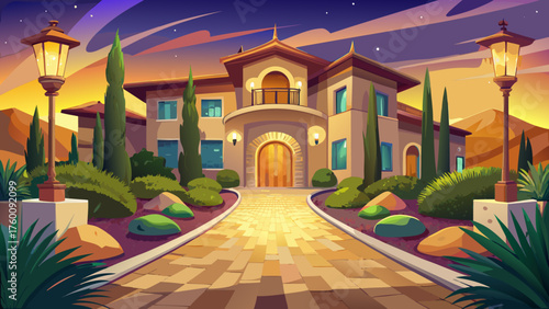 Very beautiful desert residence with glowing evening lights, arched doorways, and a cobblestone driveway surrounded by lush desert landscaping — blending elegance with Southwestern warmth and serenity