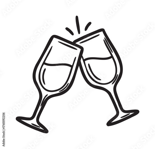 Black outline drawing of two wine glasses clinking together, symbolizing celebration or a toast.