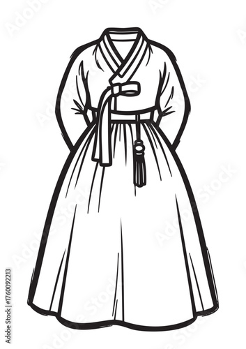 Black outline drawing of a traditional korean hanbok dress, featuring a high waist and long flowing skirt with a tied ribbon.
