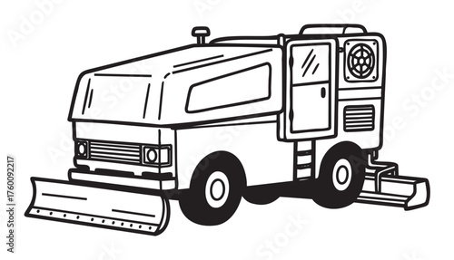 Black outline drawing of a snow removal vehicle with a front blade and rotating brushes, designed for efficient clearing of snow from roads.
