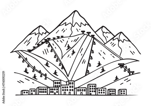 Black outline vector icon of a mountainous ski resort with chairlifts and skiers on multiple slopes in front of a line of snow-capped peaks.