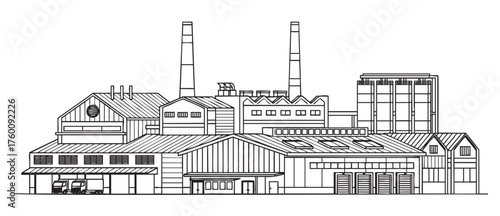 Black outline drawing of an industrial factory with multiple chimneys, warehouses, and two trucks at the entrance, showcasing manufacturing and production concepts.