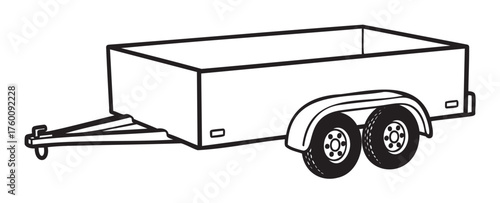 Black outline illustration of a flatbed trailer with two wheels and a hitch, showcasing a simplistic design ideal for transportation concepts.