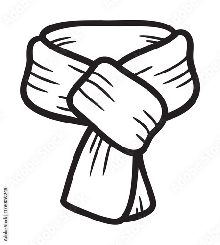 Simple black outline drawing of a knotted scarf, showcasing its wrapped and folded design for winter fashion or accessory concepts.