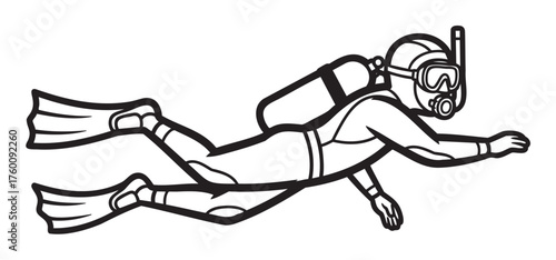 Black outline of a diver swimming underwater with scuba gear, including a mask, snorkel, and flippers.