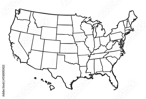 Black outline map of the United States displaying all 50 states and their borders in a simple, minimalistic style.