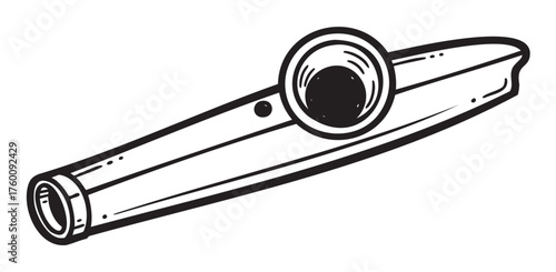 Black and white outline drawing of a classic kazoo instrument, highlighting its distinct shape and simple design.