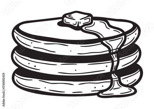 Black outline drawing of a stack of three pancakes with a cube of butter and syrup dripping down the side.