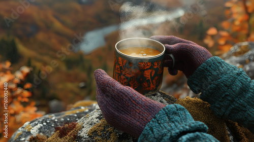 Gloved hands cupping thermos soup on lichen rock above valley