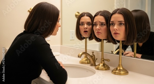 Woman looks in mirror at three emotional mask heads, pondering which pretense to wear. This shows inner conflict, balancing true self with social identity, and the deception of personality.