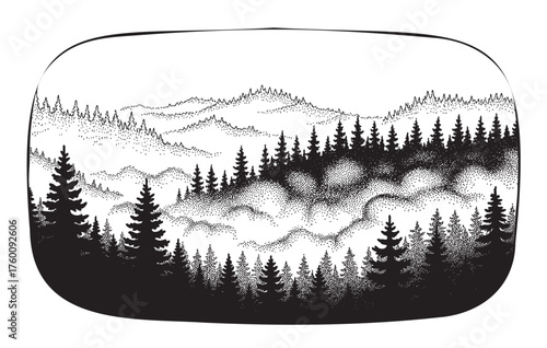 Black and white landscape featuring dense coniferous forests and layered mountain ranges in the background, creating a serene and detailed nature scene.