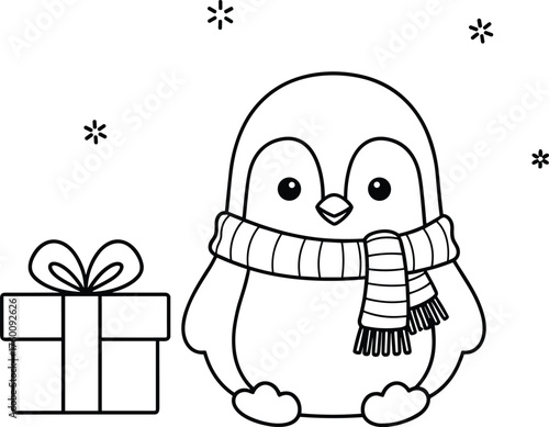 Adorable penguin wearing a scarf next to a gift box with snowflakes falling