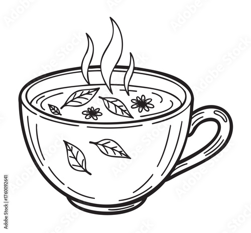 Black and white illustration of a steaming teacup with decorative leaves and flowers, symbolizing warmth and relaxation.
