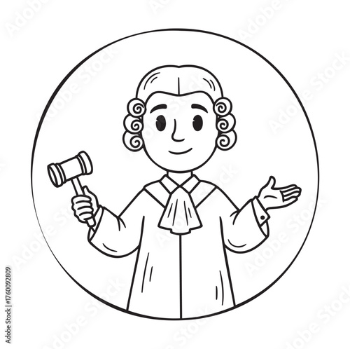 Cartoon judge with curly hair and robe holding a gavel in one hand while gesturing with the other hand, enclosed in a circular frame.