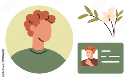 Person illustrated in profile with red curly hair, green circle backdrop, floral branch, and ID card featuring photo and text. Ideal for identity, profile, self-representation, minimalism, branding