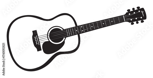 Black and white outline of an acoustic guitar with six strings and detailed fretboard, bridge, and soundhole design.