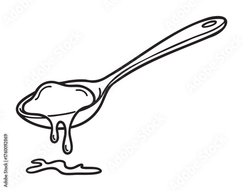 Black outline drawing of a simple spoon with liquid dripping from it, conveying a kitchen or cooking concept.