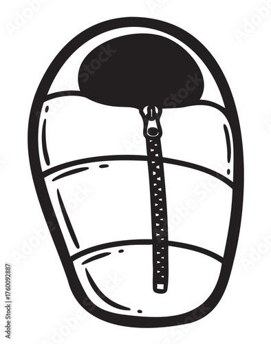 Black outline vector icon of a simple sleeping bag with a zipper, designed for camping and outdoor activities.